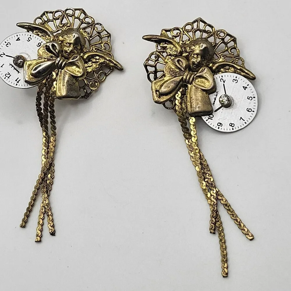 My Grandma's Clock Collage 3in Clip On Shabby Chic Earrings